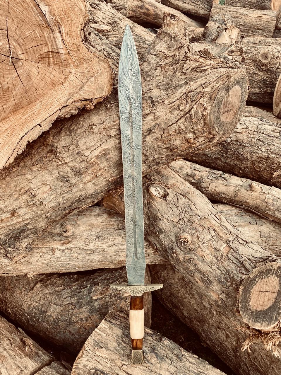Handmade Damascus Steel Camel Bone Handle Sword